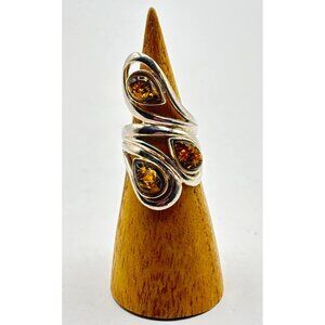 Sterling Silver 925 Amber Statement Ring Modern Swirl Design Size 5